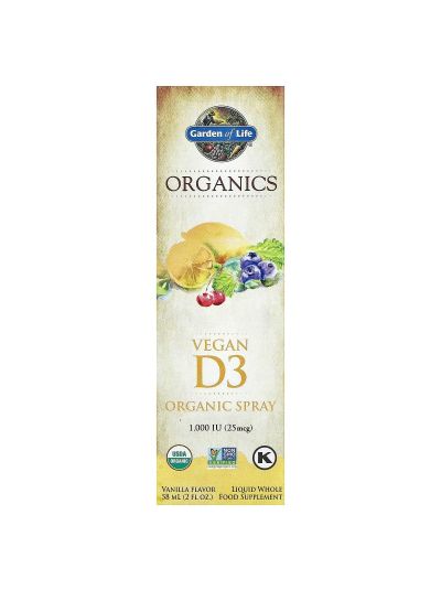 Garden of Life, Vegan D3 Organic Spray, Vanilla, 25 mcg (1,000 IU), 2 fl oz (58 ml)