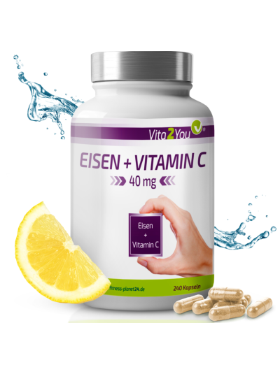 Vita2You Iron + Vitamin C 40mg - 240 Capsules - Iron Bisglycinate - Acerola Extract - Premium Quality