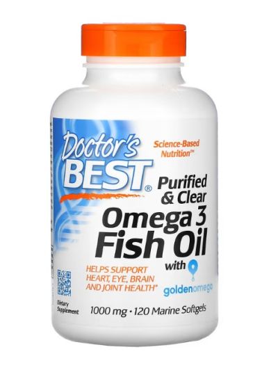 Doctor's Best Purified & Clear Omega 3 Fish Oil with Goldenomega, Purified & Clear Omega 3 Fish Oil with Goldenomega, 1,000 mg, 120 Marine Softgels