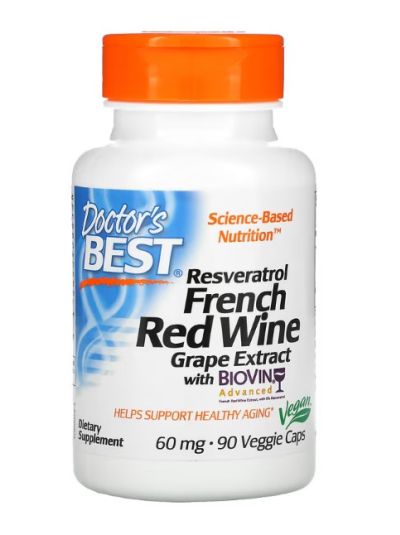 Doctor's Best, Resveratrol French Red Wine Grape Extract, French Red Wine Grape Extract with Resveratrol, 60 mg, 90 Veggie Caps