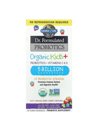 Garden of Life, Dr Formulated Probiotics, Organic Kids + Probiotics + Vitamins C & D, Tasty Organic Berry Cherry, 30 Yummy Chewables